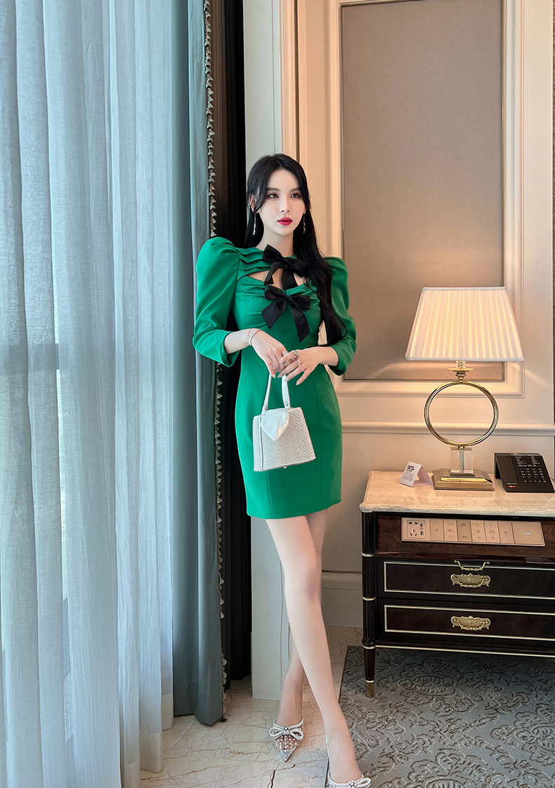 Đầm dự tiệc phong cách cung điện tay phồng nơ bản to — Màu xanh lá chi tiết 20