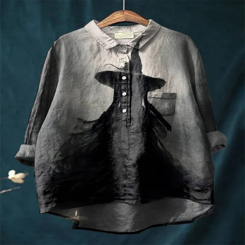 Halloween Cute Witch Digital Print Women's Casual Cotton and Linen Long Sleeve Casual Loose Shirt Halloween Cute Witch Digital Print Women's Casual Cotton and Linen Long Sleeve Casual Loose Shirt