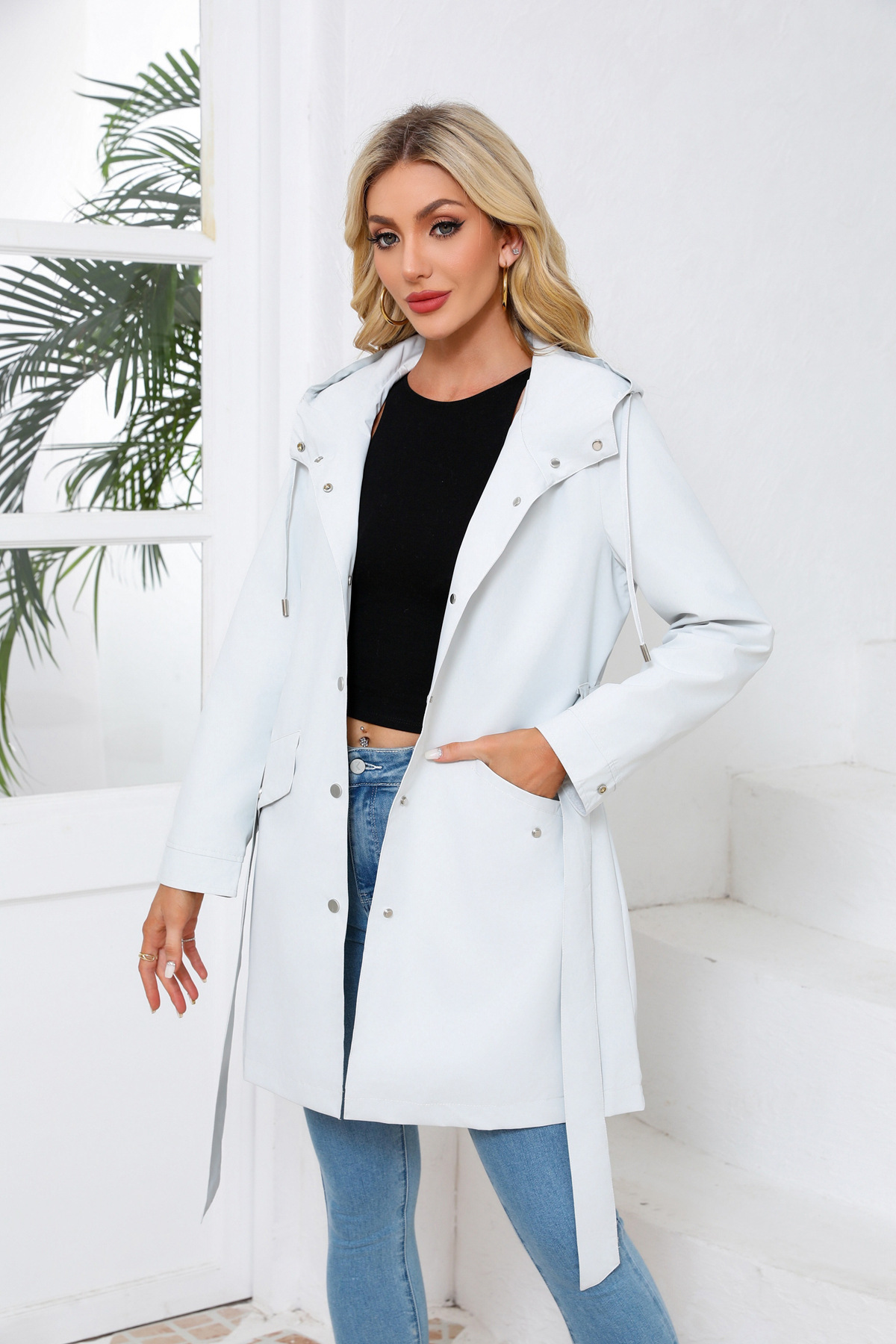 Women's Clothing Spring and Autumn Hooded Water Repellent Jacket with Belt Thin Casual Loose Windbreaker _voghion.com