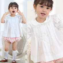 童装批发娃娃领衬衫 ins宝宝衣服短袖女童夏装泡泡袖白色儿童衬衣