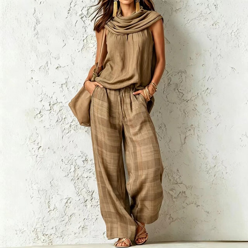 2026 Summer European and American Cross-Border Amazon New Women's Fashion Pile Collar Sleeveless Top and Plaid Pants Set 2026 Summer European and American Cross-Border Amazon New Women's Fashion Pile Collar Sleeveless Top and Plaid Pants Set