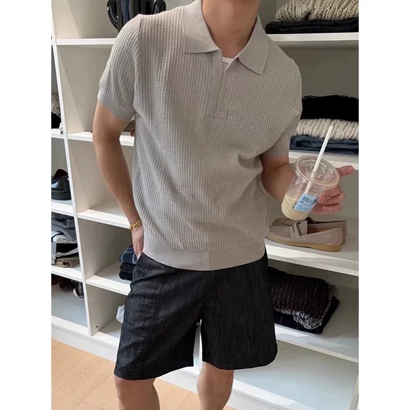 Polo camiseta de punto camiseta de manga corta camiseta hombre cuello en V cuello gaviota sensación de textura viejo dinero viento hielo seda fábrica transfronteriza al por mayor