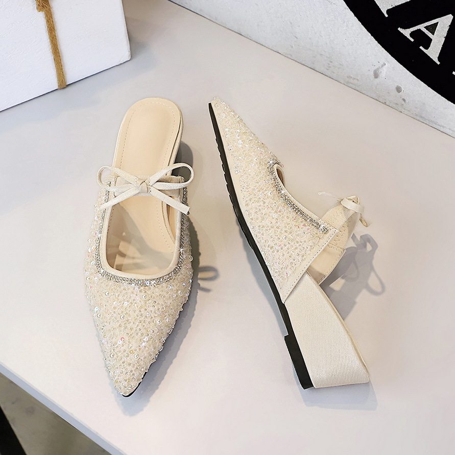Pointed Rhinestone Mules With Bow, Comfortable Women's Shoes_voghion.com