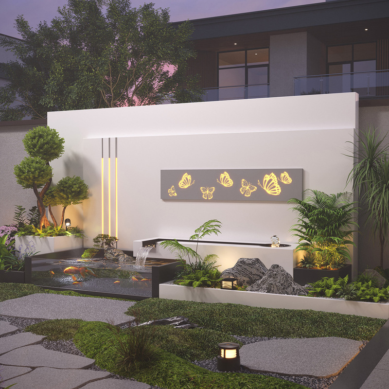 Outdoor Courtyard Stainless Steel Flowing Water Landscape Wall Finished Fish Pond Metal Flower Box Combination Terrace Garden Landscaping Ornaments