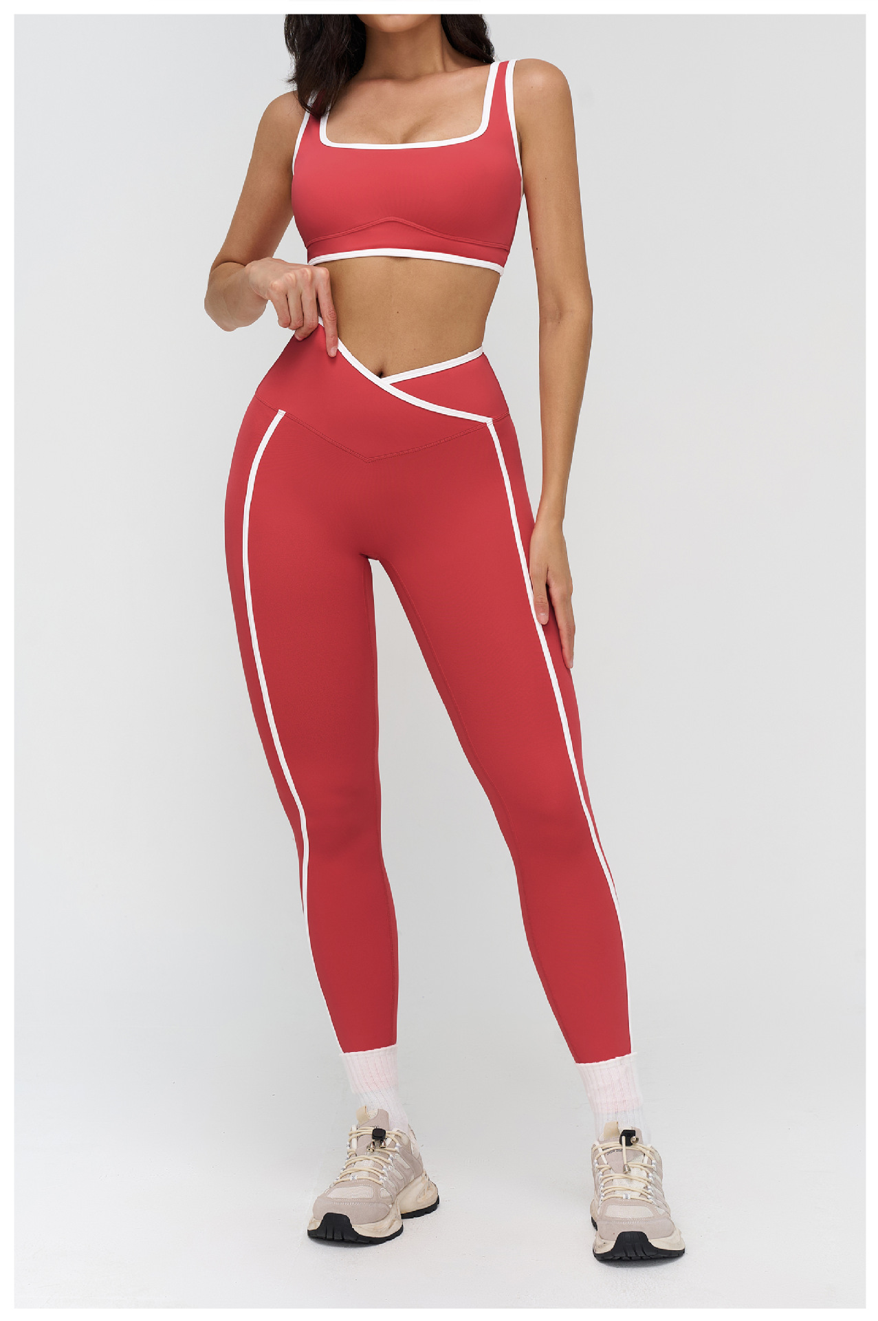 Nude Color Block Yoga Set For Women Tight Fitting Casual Sportswear Outdoor Running Fitness Clothes 9528_ecoleips.com