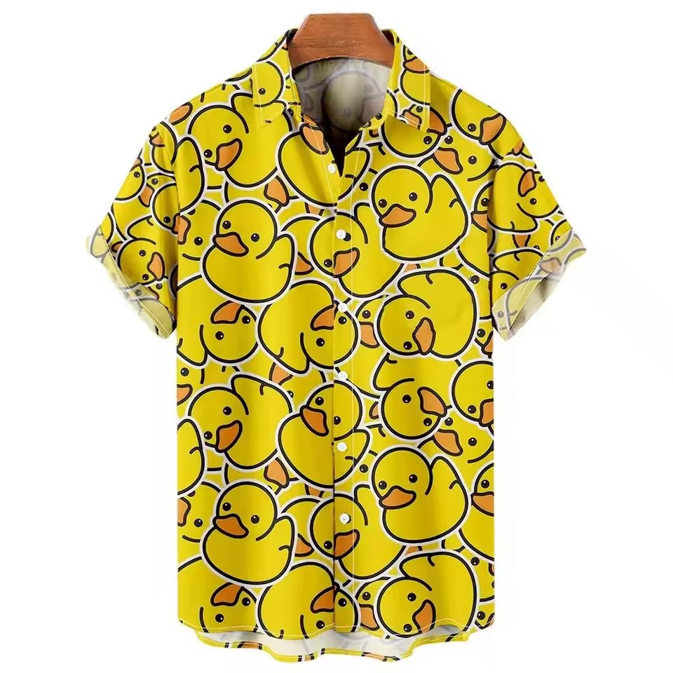 2024 venta caliente piscina patito amarillo dibujos animados animal estampado 3D hombre vacaciones hawaiano camisa de manga corta con botones