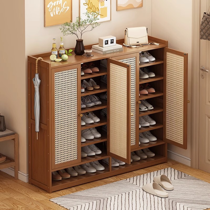 New Chinese style living room rattan shoe cabinet integrated cabinet with door shoe rack household bedroom partition hallway locker