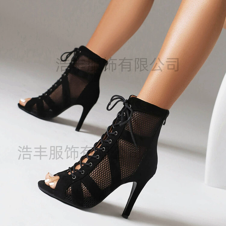 Сетчатые сандалии Женские ботинки на шнуровке с полой сеткой для джазовых танцев Сандалии на высоком каблуке с рыбьим носком Танцевальная обувь на каблуке больших размеров