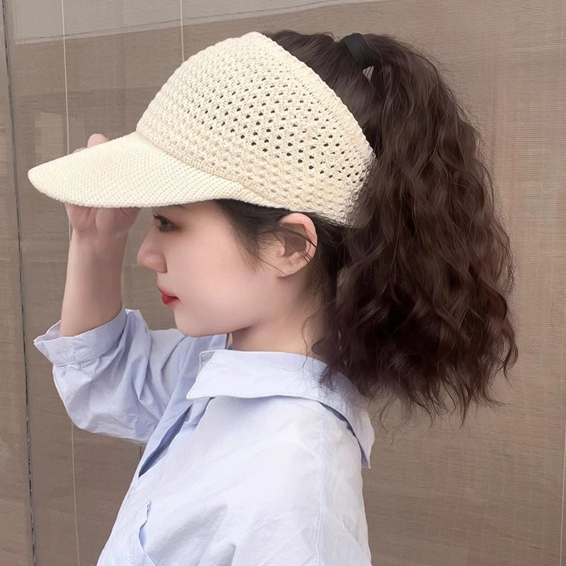 新しい小さなラベルの帽子とウィッグ一体型ウールカーリーハイポニーテール中空サンシェード日焼け止め春、夏、秋の空のトップハット|undefined