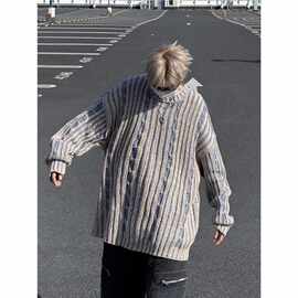 冬季复古拼色竖条纹圆领针织衫男女韩系感宽松情侣加厚毛衣