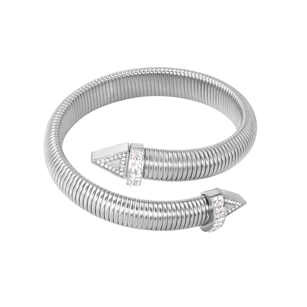Moda de acero inoxidable 18k chapado en oro europeo y americano nicho pulsera personalizada triángulo de dos cabezas zircon pulsera abierta para las mujeres
