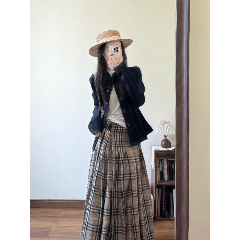 穿搭一整套打底衫休闲牛仔外套百褶格子半身裙三件套装女2025新款|undefined