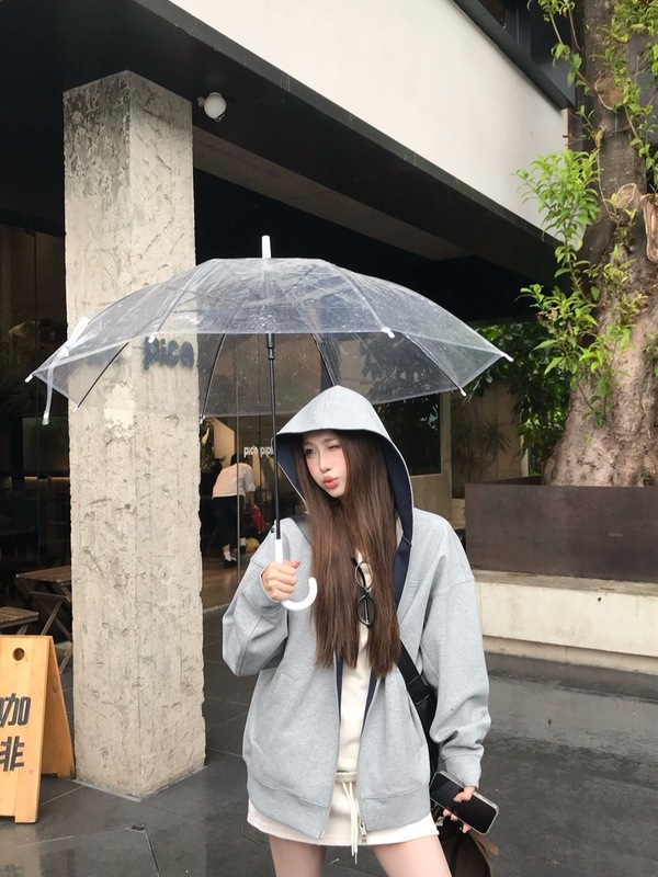 美式复古撞色连帽拉链卫衣外套女秋季休闲宽松开衫慵懒风灰色上衣|undefined
