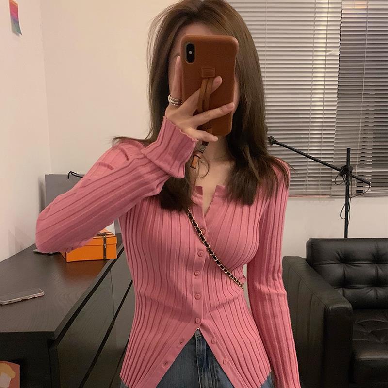 Pink Pit Knitted Cardigan Women's Spring and Autumn Thin Slim-fit Inner Base Sweater Single-breasted Long-sleeved V-neck Top