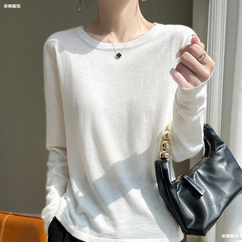 春夏新款精纺羊毛针织衫圆领纯色女薄款宽松打底衫长袖防晒衫