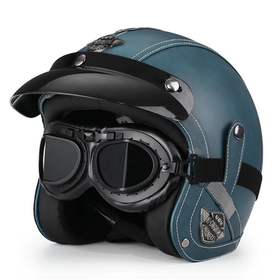 Motosiklet dəbilqələri — Motorcycle 3/4 Helmet, Electric Vehicle - m-navy-blue-leather-glasses-free-hat-brim-face-towel