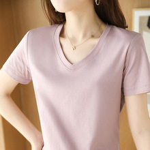 液氨80支双面丝光棉夏季新款V领短袖纯棉t恤女透气舒适休闲女装