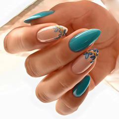 Fresh Lake Green Leaf Gold Powder Nail Art Almond Shaped Round Head Nail Art Spring and Summer New Arrival Nail Art Nail Sheet Wholesale