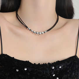 西班牙小众设计师款多层皮绳编织圆珠项链法式复古轻奢高级感颈链