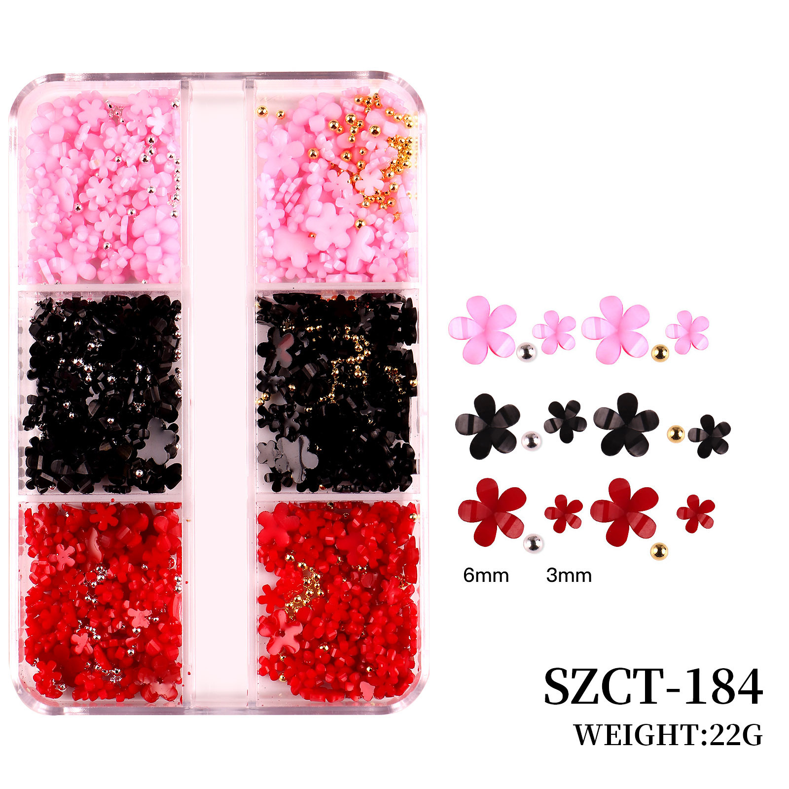 Joyas de uñas transfronterizas Juego de 6 cuadrículas de resina de uñas de color flor de cinco pétalos pequeña bola de acero decoración de uñas de vestir