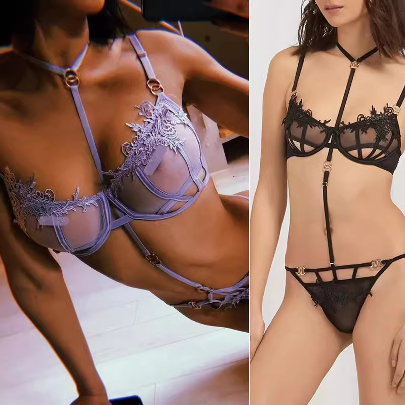 British Bella Sexy Mesh Embroidered Ultra-thin Steel Rings Large Chest Small Breathable Women's Summer Comfortable Bra