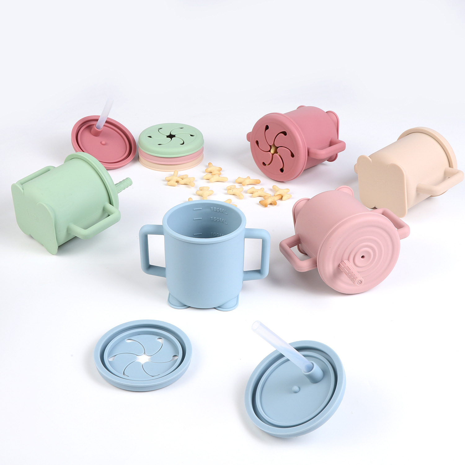Taza de agua de silicona para niños de grado alimenticio con tapa, taza de doble propósito, mango portátil resistente a la caída, taza de aprendizaje de patos de pato para bebés
