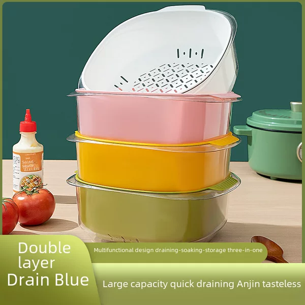 Thickened New Model Pet Draining Basket, Vegetable Washing Basin, Fruit Basin, Double-Layer Household Kitchen Storage and Cleaning Draining Basin