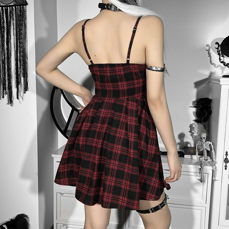 Gothic Style Plaid Contrast Color Backless Zipper Stitching Dress NSGYB116275