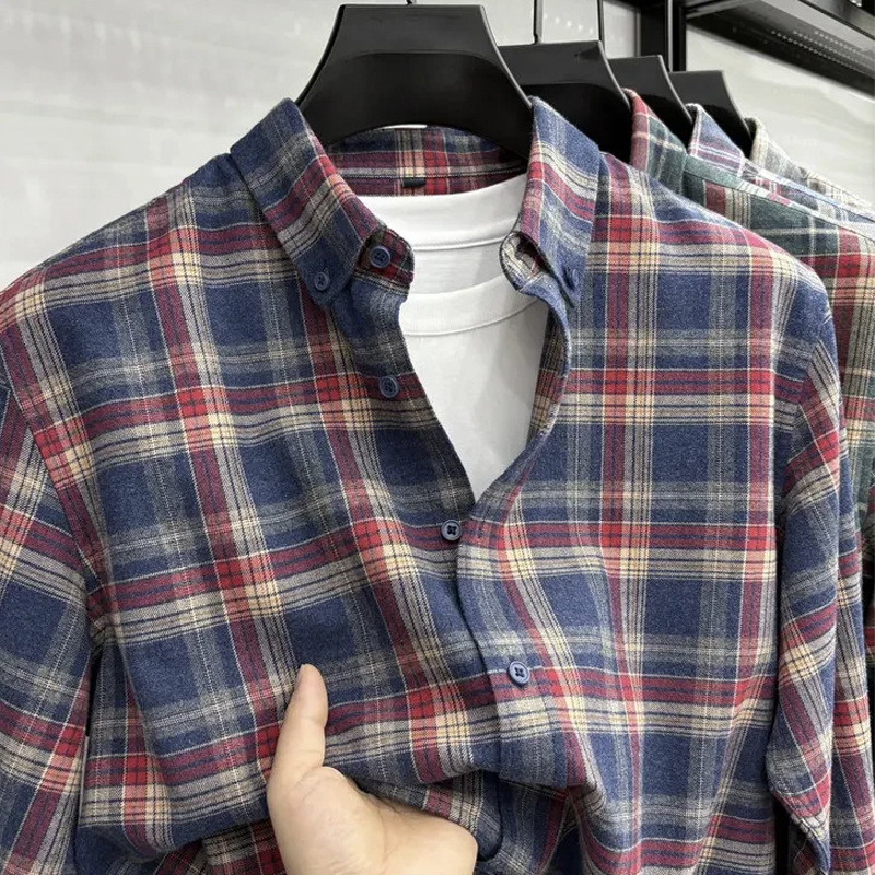2025高品质秋季新款磨毛格纹棉衬衫上衣复古百搭长袖格子衬衣男装|undefined