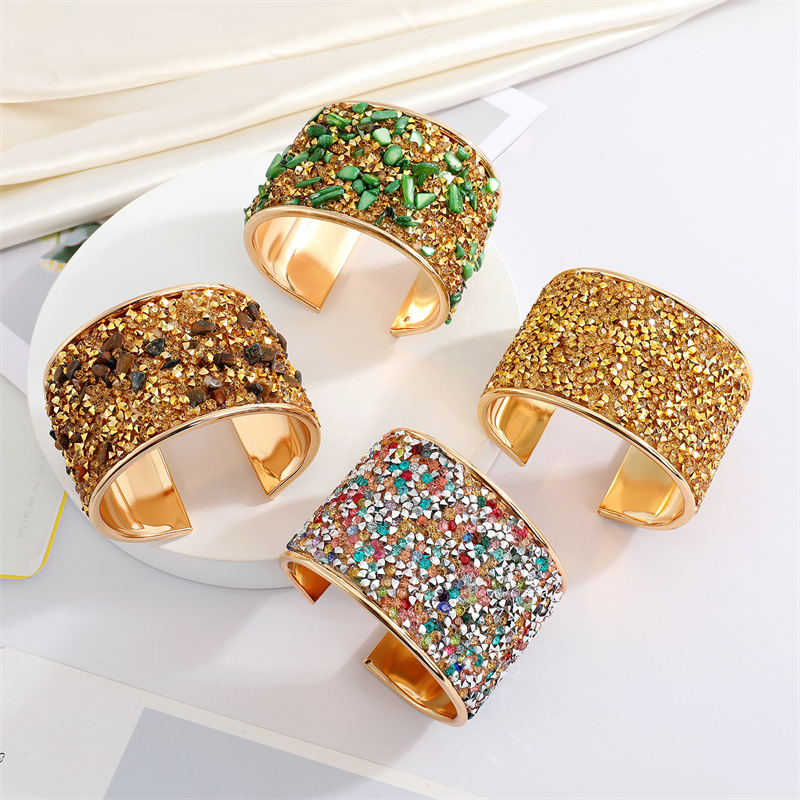 Bohemian Ethno-stil Farbiges Kies Breites Armband Funkelndes Strass Offenes Armband display picture 10