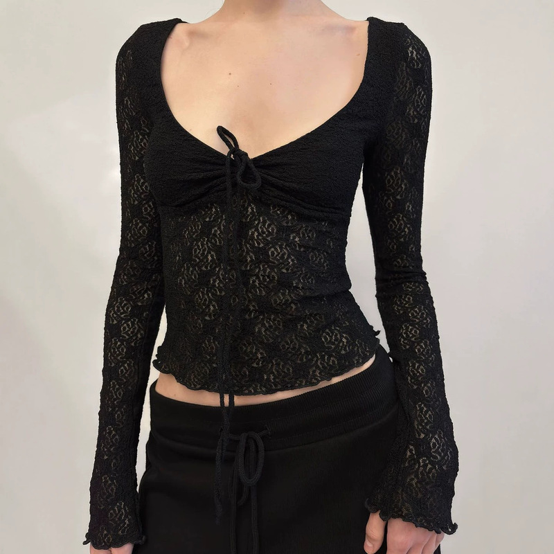 Factory In-Stock Vintage Lace Ruched Low-Neck Long-Sleeve T-Shirt for Women, Summer Sexy Sheer Slim-Fit Waist-Cinching Top Factory In-Stock Vintage Lace Ruched Low-Neck Long-Sleeve T-Shirt for Women, Summer Sexy Sheer Slim-Fit Waist-Cinching Top
