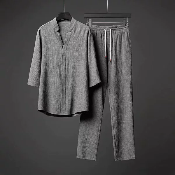 Cross-border Popular Men's Accessible Luxury Ultra-thin Five-point Sleeve Suit Men's Summer Large Size Loose Mid-sleeve Two-piece Set 2023 Trend