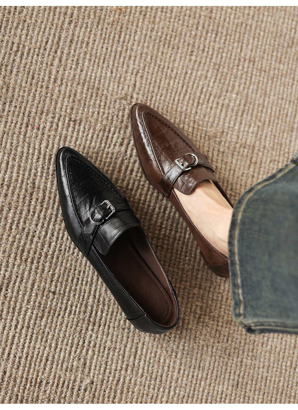 Giày loafer nữ phong cách Anh quốc, mũi sâu, gót thấp vuông, da bò — màu nâu chi tiết 1