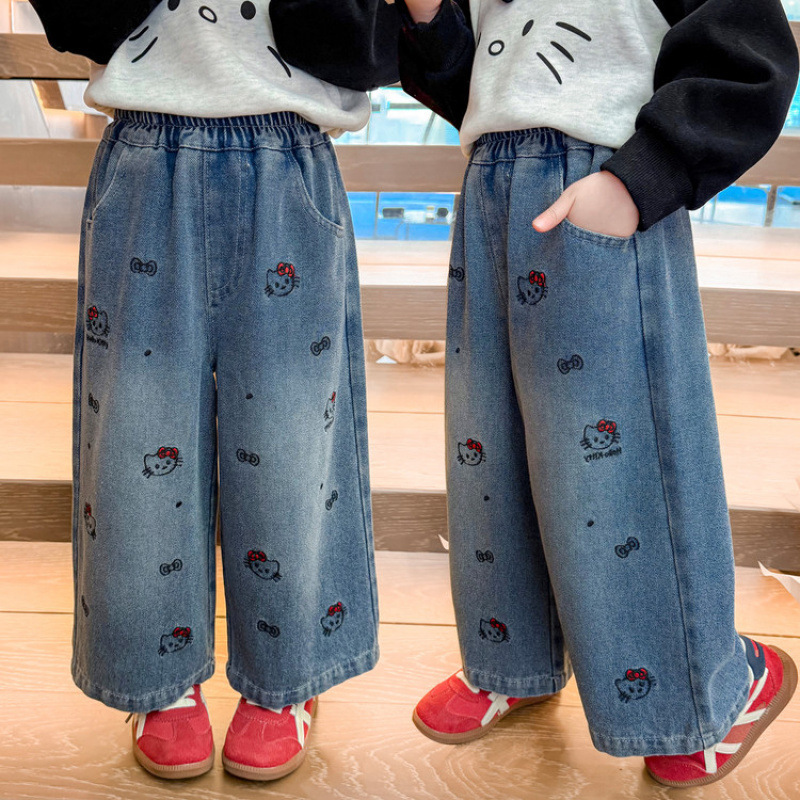 女童牛仔裤秋季儿童裤子2025猫咪洋气小女孩直筒裤宝宝春秋阔腿裤|undefined