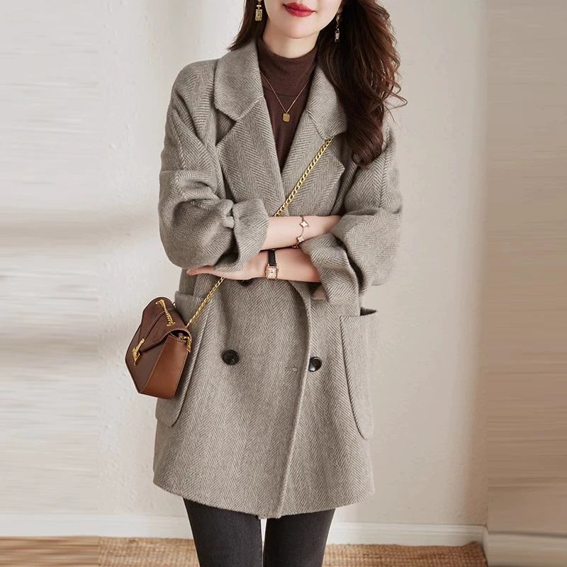 Demi-season fuchsia woolen coat for leisure, long jacket, Korean style, for teenagers, mid-length