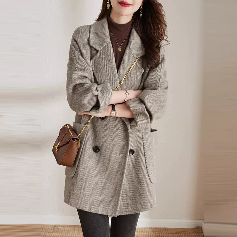 Demi-season fuchsia woolen coat for leisure, long jacket, Korean style, for teenagers, mid-length