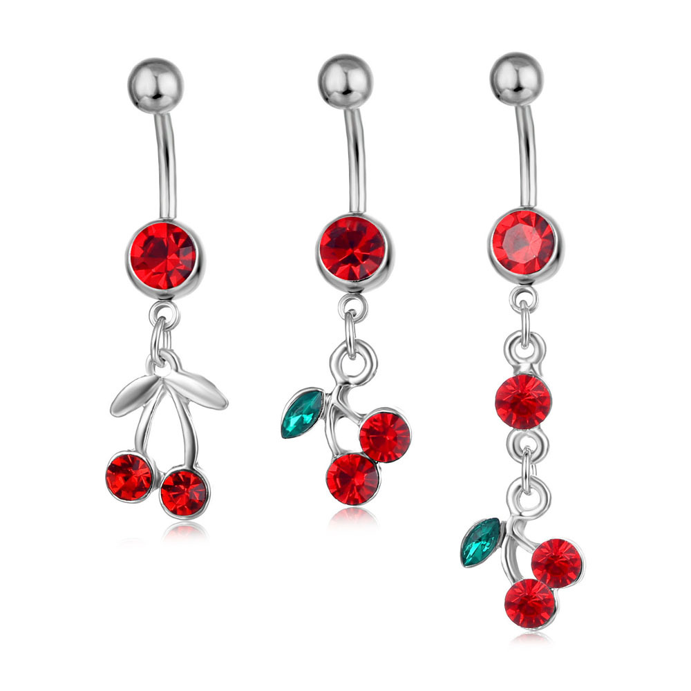 Cherry Belly Button Ring With Fruit Pendant For Navel Piercing_voghion.com