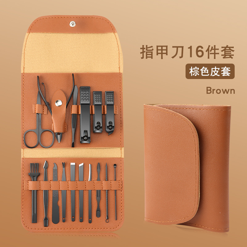 Cortaúñas en ángulo en stock, juego completo, paquete plegable negro, juego de cortaúñas de 16 piezas, manicura con alicates para cutículas de acero inoxidable