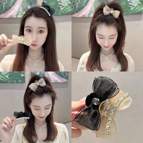 Xiaoxiangfeng double-sided bow tie clip mesh rhinestone claw clip bangs side clip ponytail booster artifact shark clip
