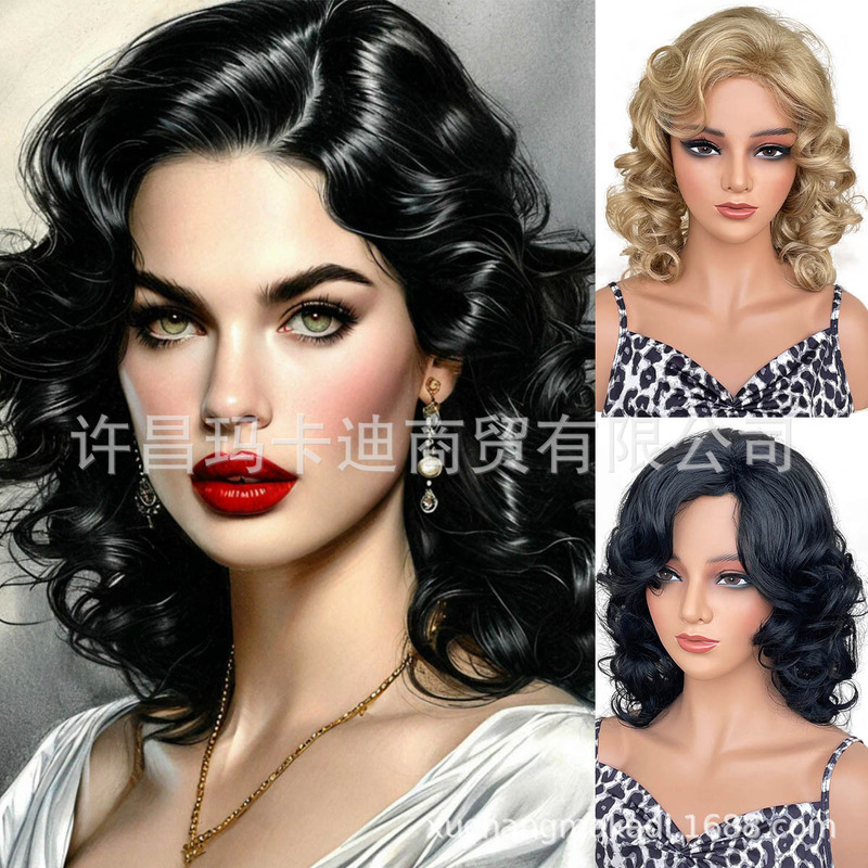 European and American wig simulation high temperature silk women's wig golden big wave curly hair black long curly hair full hat wig European and American wig simulation high temperature silk women's wig golden big wave curly hair black long curly hair full hat wig