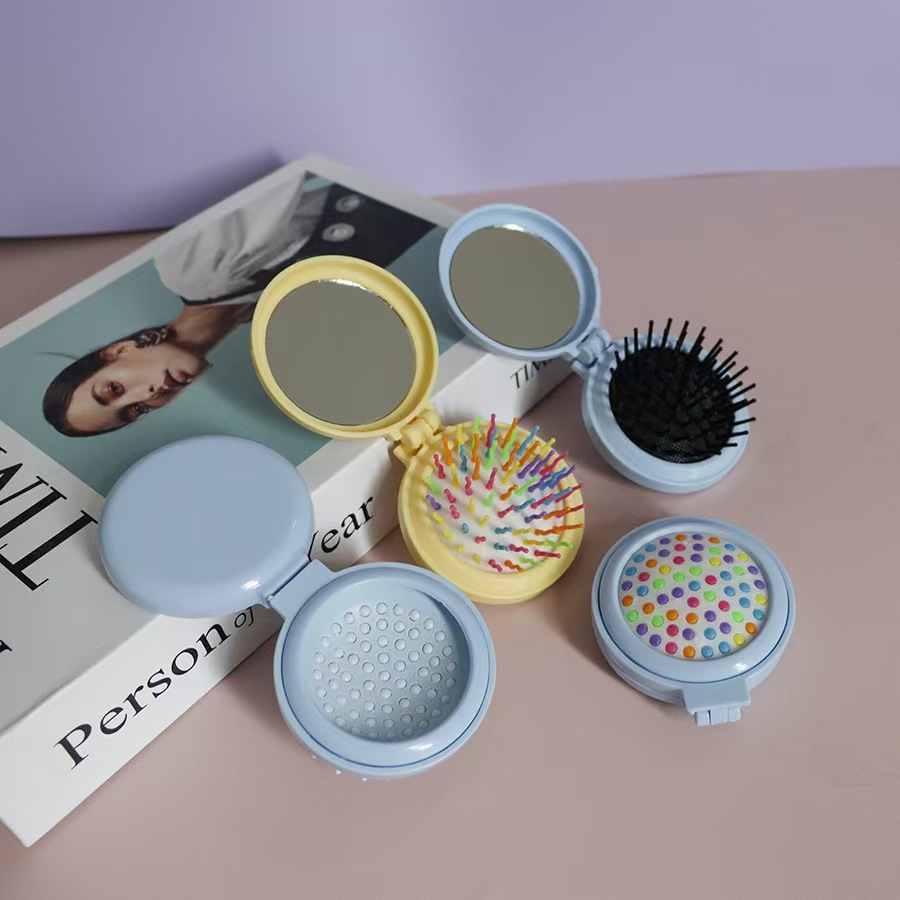 Airbag plegable Pequeño peine con espejo de maquillaje DIY adorable cojín de aire de niña cabeza de masaje portátil peine espejo todo en uno