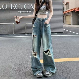破洞牛仔裤女春秋薄款直筒宽松2026新款高腰阔腿垂感显瘦拖地裤子