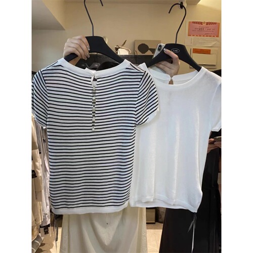 Back hollow knitted sweater for women for short-sleeved summer shirt slim-fitting shoulder short half-sleeved top