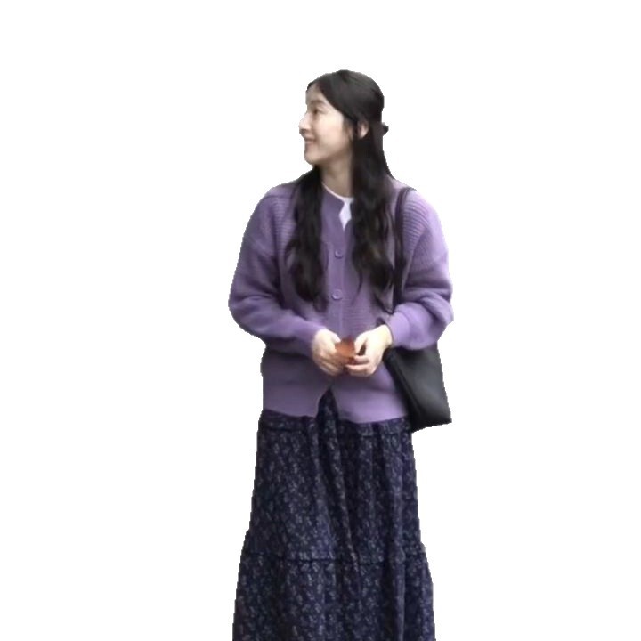 早秋甜美温柔风紫色针织开衫外套高腰碎花半身长裙女学生两件套装|undefined