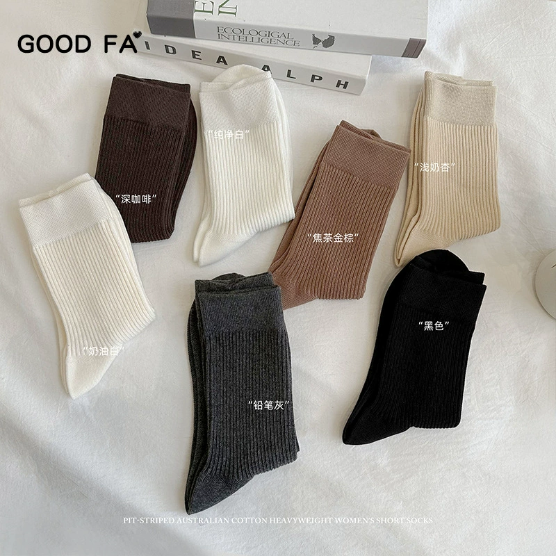 Женские носки GOOD FA, осенние и зимние, из плотного австралийского хлопка, короткие носки с трехмерной ребристой вязкой, женские носки до середины икры, сшитые вручную.