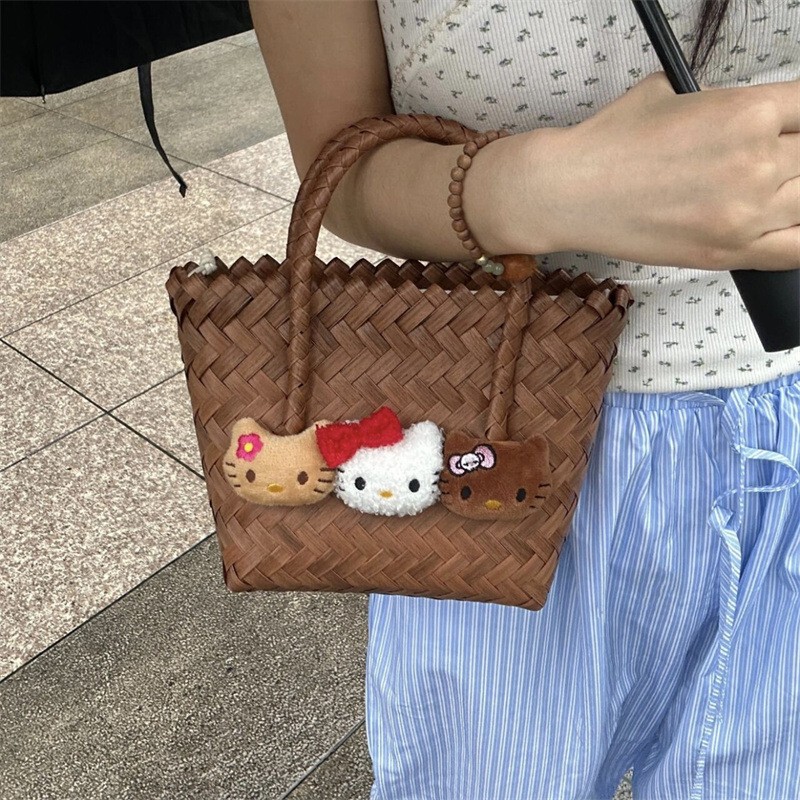 Kt Retro Imitation Rattan Hand-Woven Vegetable Basket Cute Cartoon Cat Satchel Souvenir Straw Bag Beach Bag