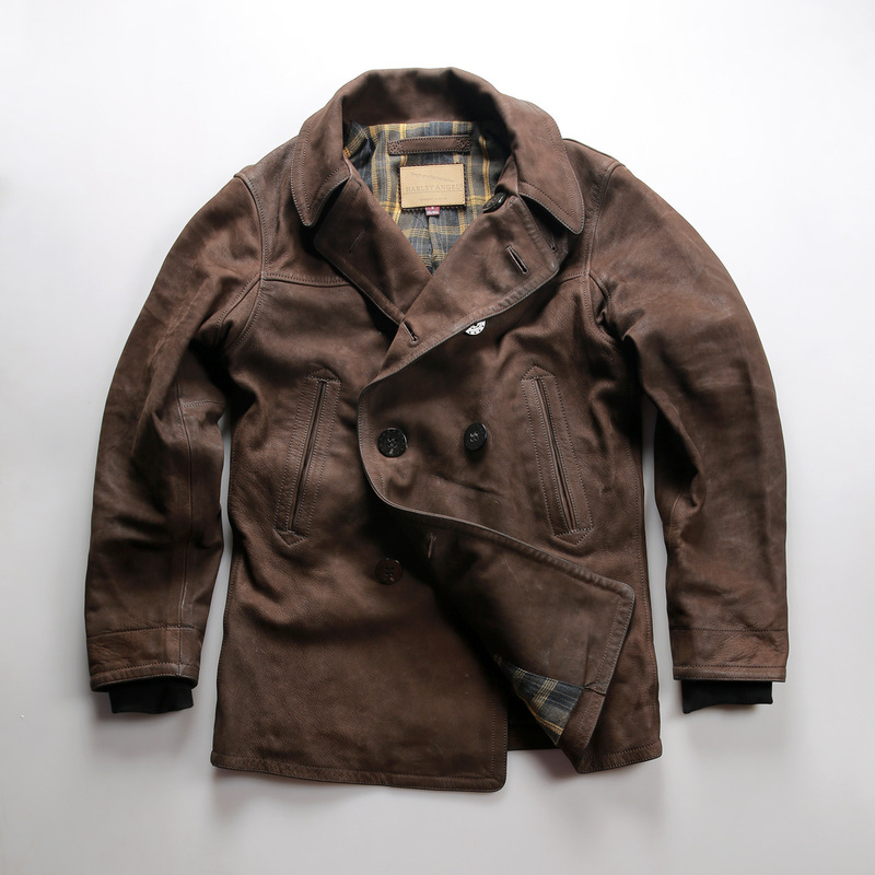 American Retro 740 Suede Mid-Length Outwear Lapel Double-Breasted Distressed Vegetable Tanned Frosted Goatskin Leather Jacket for Men