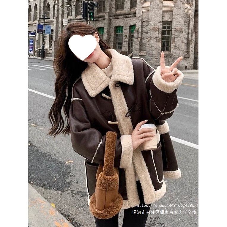 复古美拉德麂皮绒皮毛一体羊羔毛外套女冬季新款加绒加厚皮草大衣