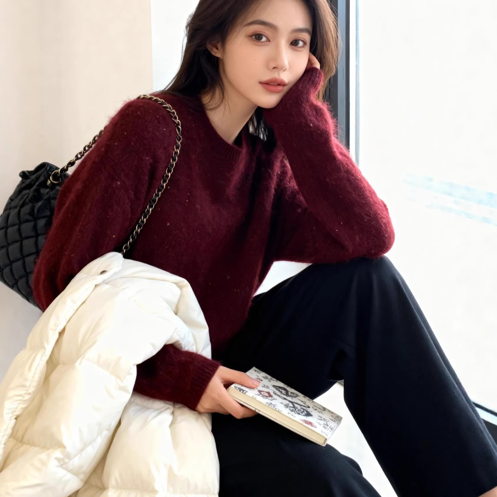 满天星亮片金丝羊绒拉绒毛衣圆领针织衫毛衣宽松慵懒女韩系打底衫