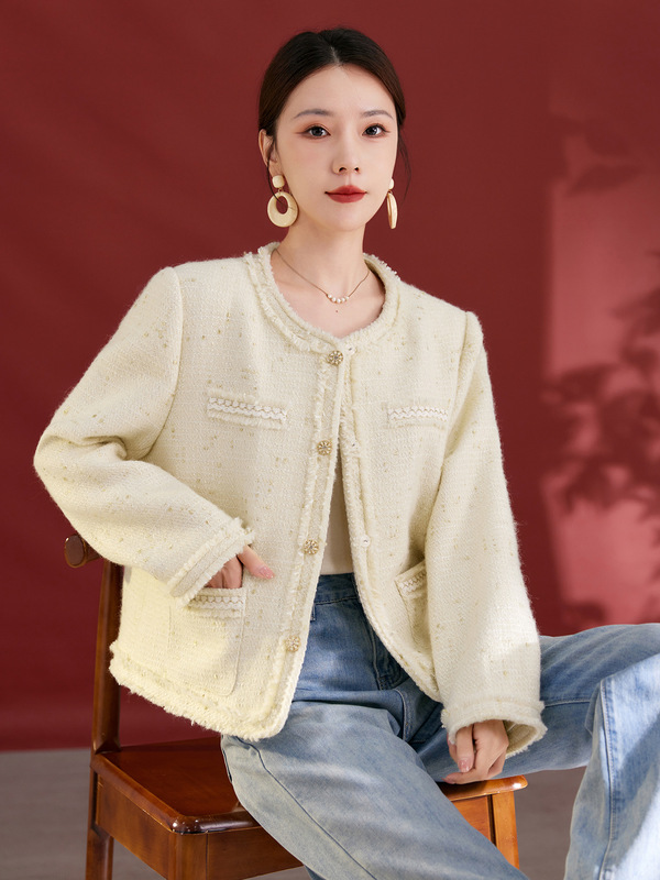 法式小香风桑蚕丝短外套2025秋冬新款高级感显瘦白色上衣女1207|undefined